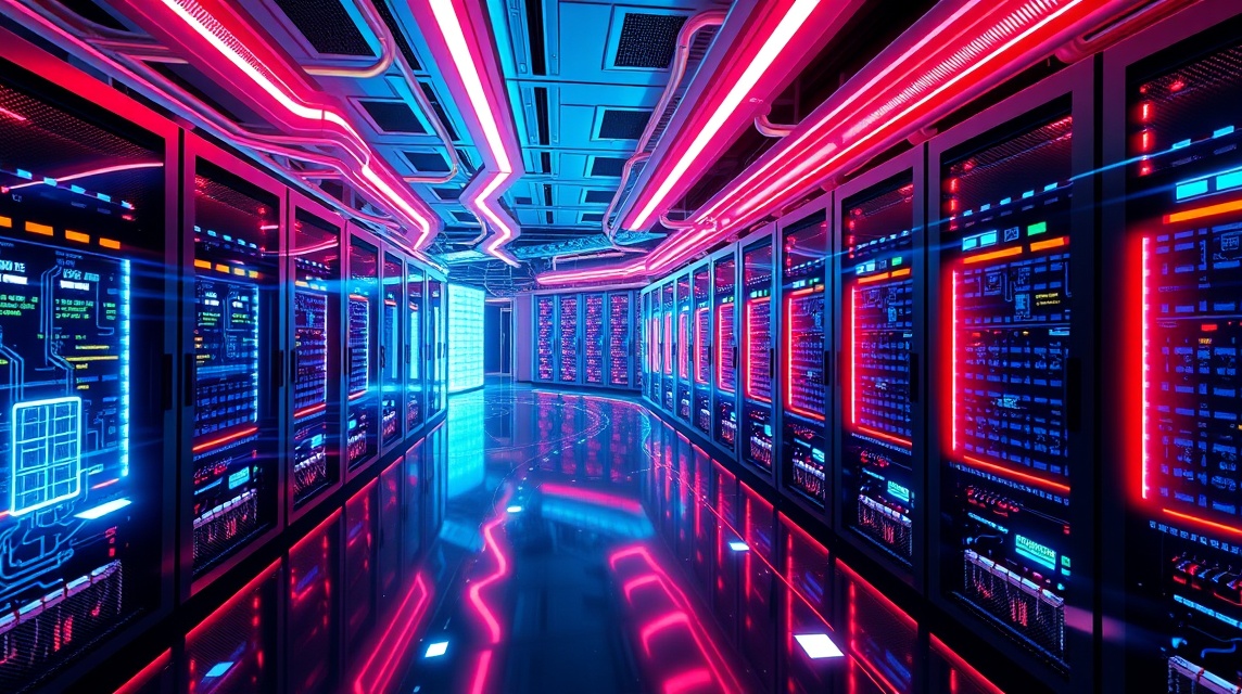 Moderná serverová miestnosť s farebnými LED svetlami a technológiou.