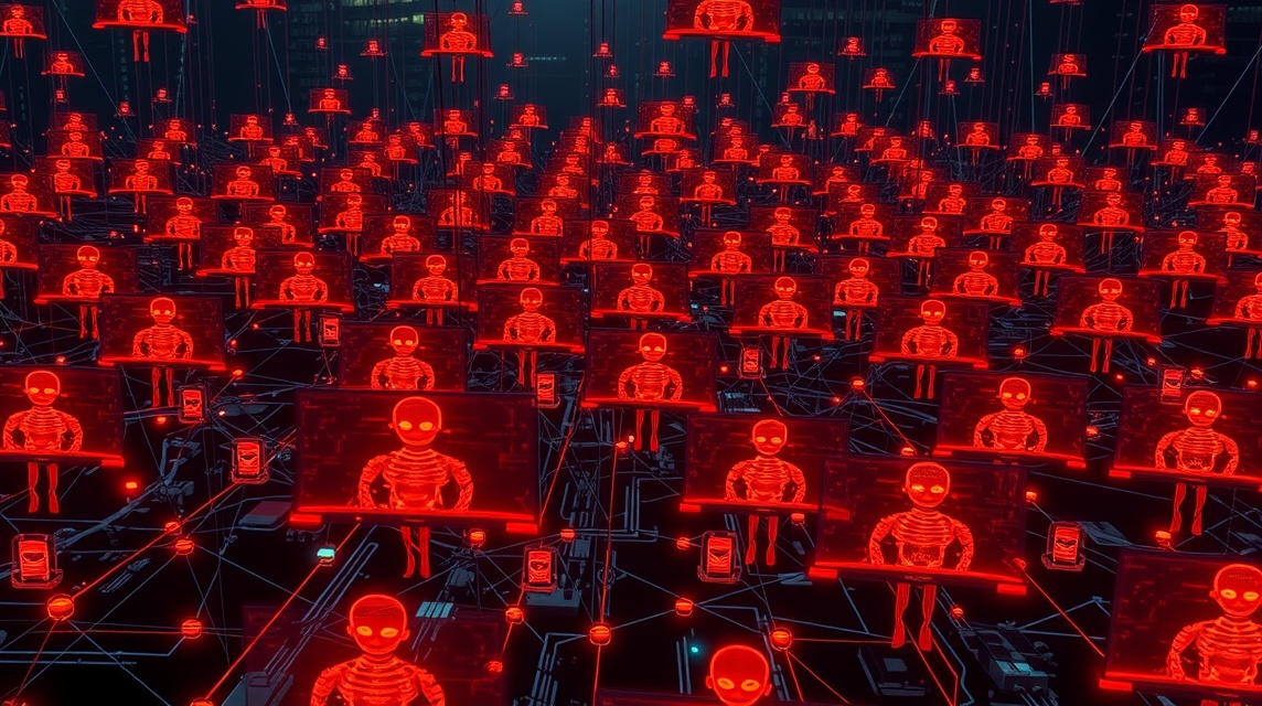 Roboštruktúry v červenej farbe s obrazovkami a skeletonmi v futuristickom prostredí.