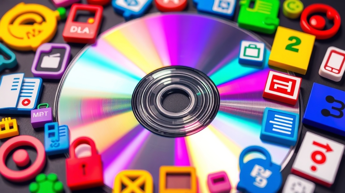 CD s farebným odrazom obklopený rôznymi ikonami a symbolmi.