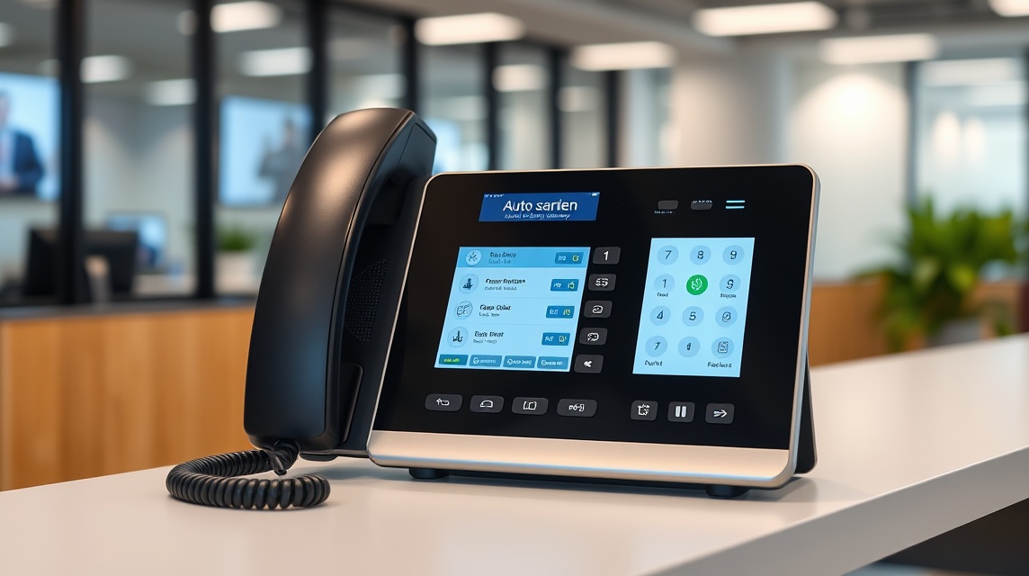 Moderný telefón s dotykovým displejom a ovládacími tlačidlami na stole v kancelárii.
