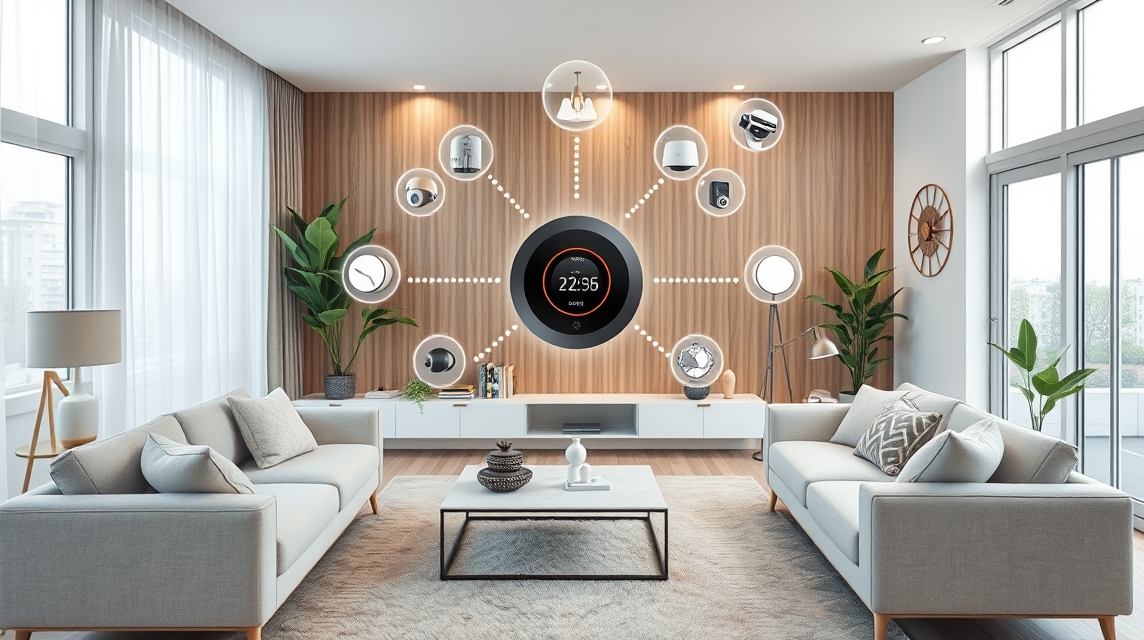 Moderný obývací priestor s inteligentným termostatom a pripojenými zariadeniami.