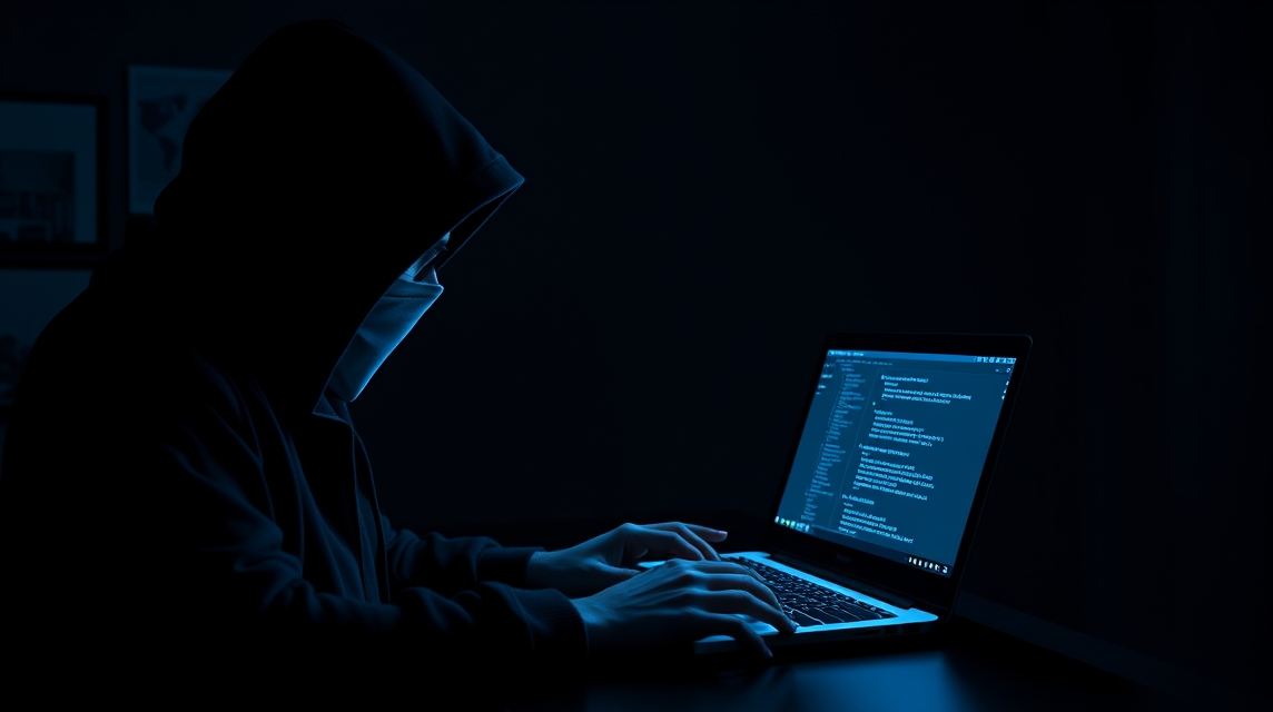 Osoba v kapuci a maske pracuje na laptopu v tmavom prostredí.