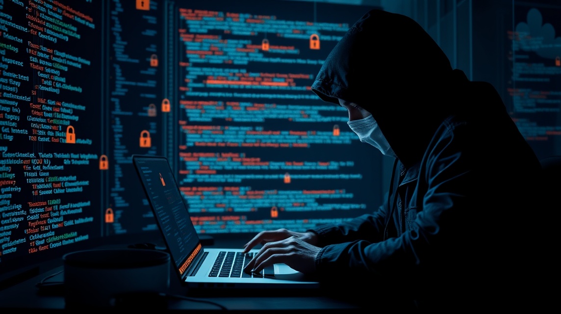 Osoba v kapuci a maske pracuje na notebooku pred obrazovkami s kódmi.