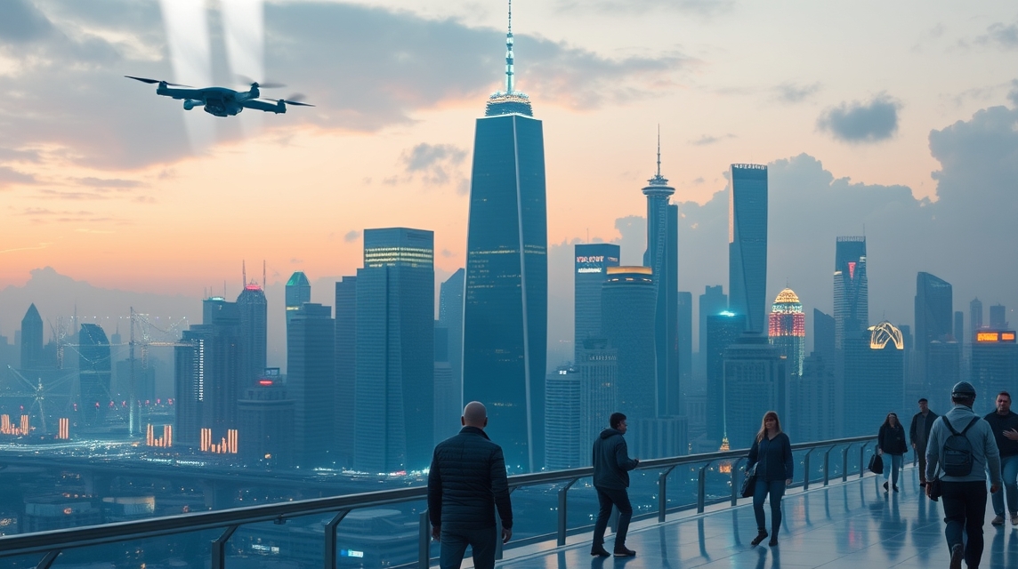 Na panoráme moderného mesta sú vidieť mrakodrapy a dron nad nimi.