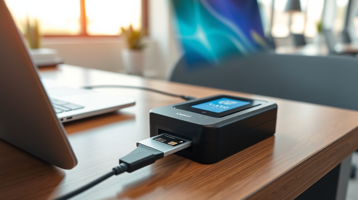 Čierny prenosný skener pripojený k laptopu cez USB kábel na stole.