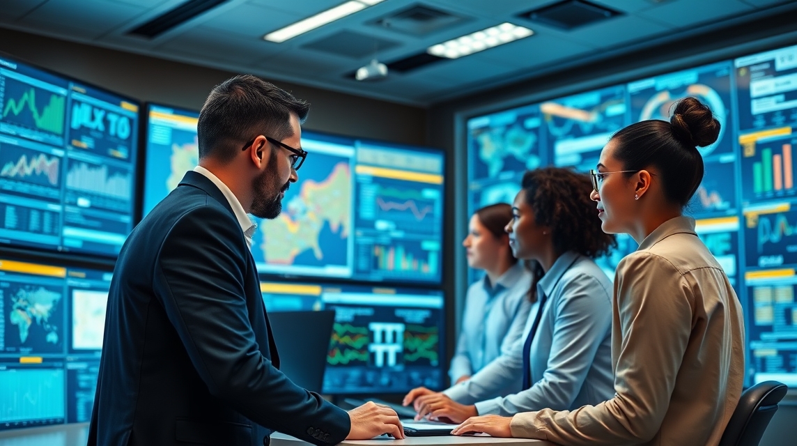 Skupina profesionálov pracuje egy modern irodában, adatelemző képernyők előtt.