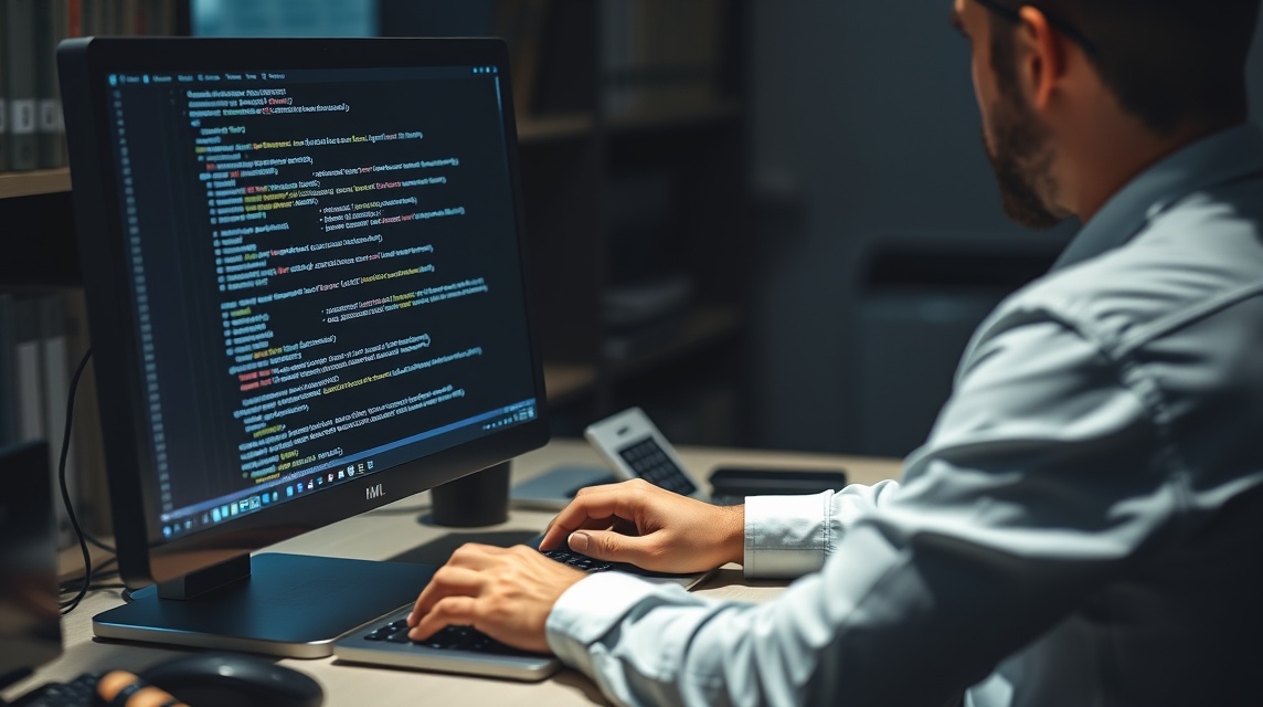 Muž programuje a kóduje na počítači s kódom na obrazovke.