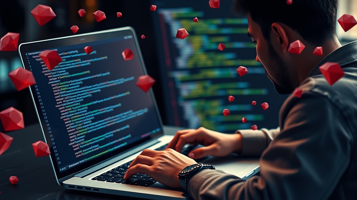 Muž programuje na laptopu, kód a červené kryštály v pozadí.