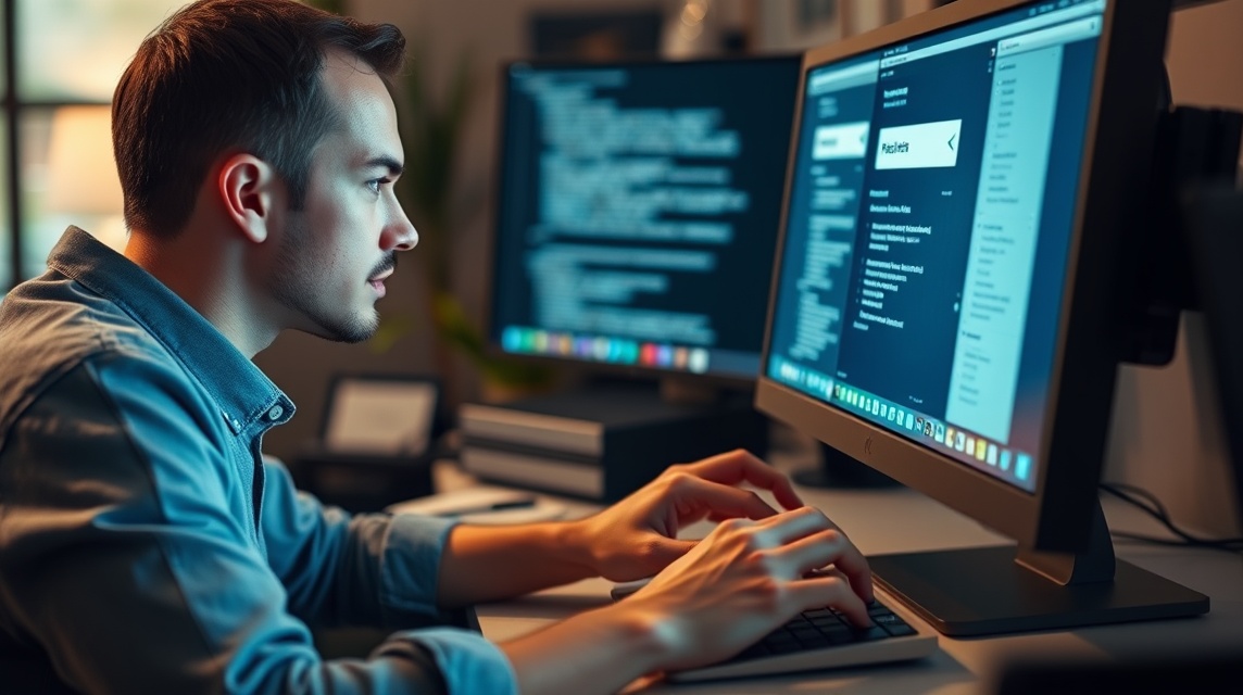 Mladý muž programuje na počítači s dvoma obrazovkami v tmavej miestnosti.