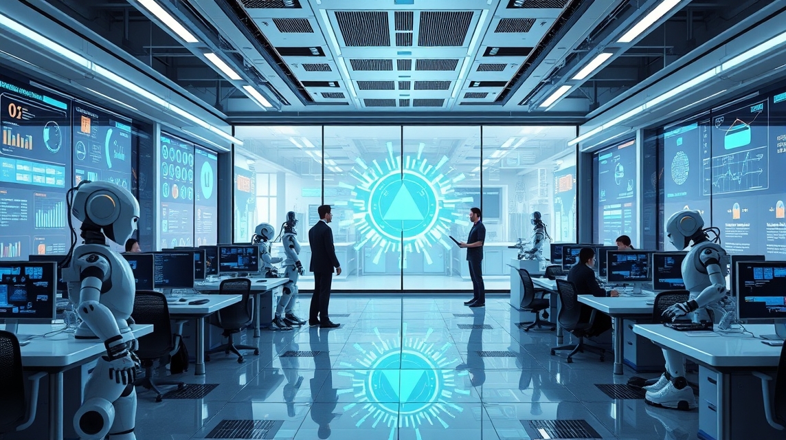 Moderná kancelária s robotmi és analýzami na obrazovkách.