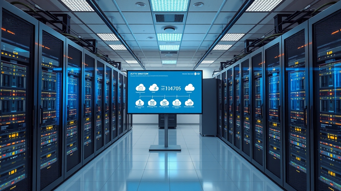 Moderná serverová miestnosť s množstvom serverov a monitorom s údajmi.