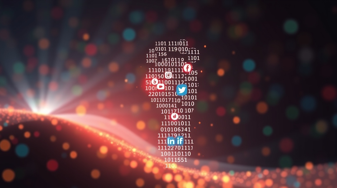 Obrázok znázorňuje číslo 1 vytvorené z binárnych čísel a ikon sociálnych médií.