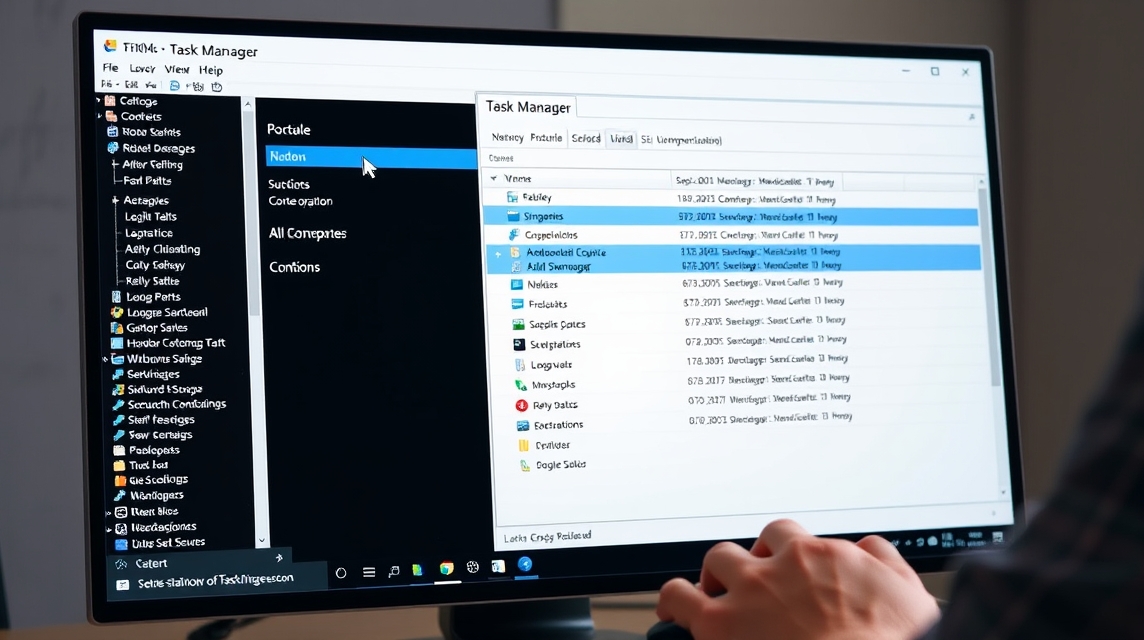 Osoba pracuje na počítači, zobrazený je správca úloh s rôznymi procesmi.