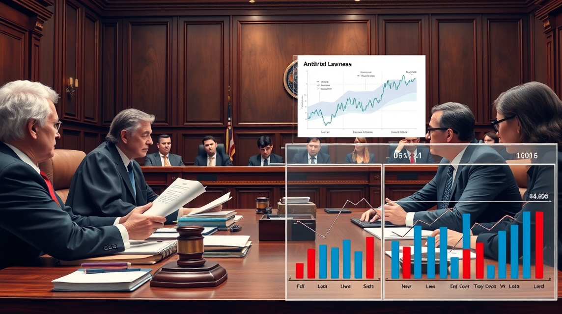 Súdna miestnosť, ahol jogászok és bírák vitatkoznak, háttérben grafikonokkal.
