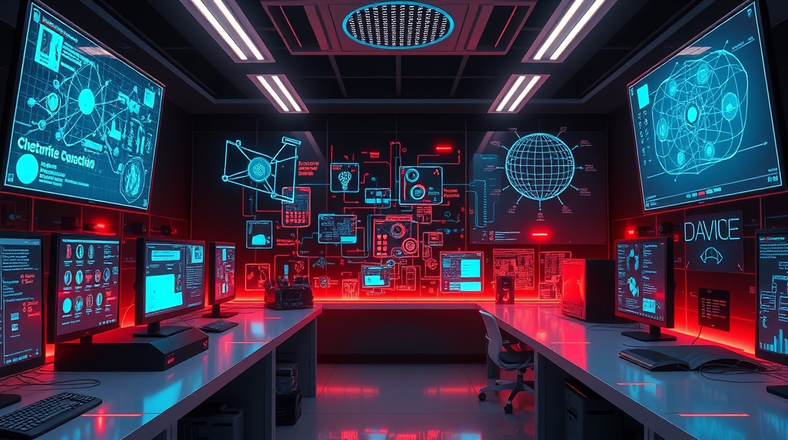 Moderná technologická miestnosť s viacerými obrazovkami a interaktívnymi grafmi.