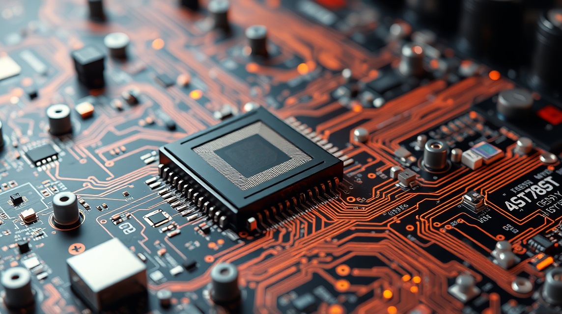 Detailný pohľad na čip a obvodovú dosku s oranžovými trasami.