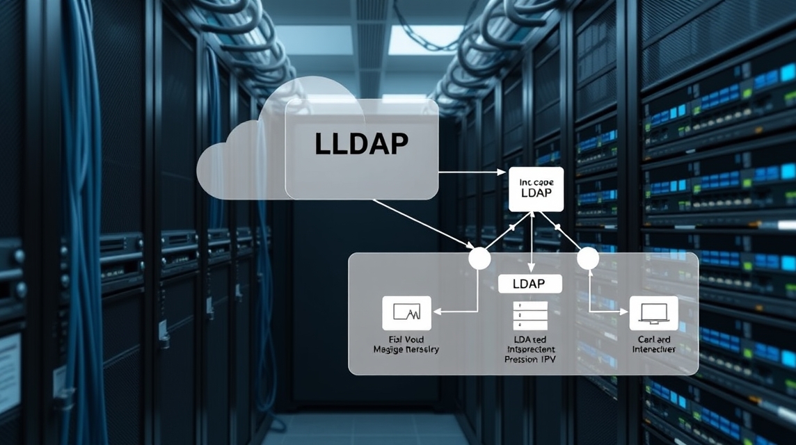 Serverová miestnosť s technológiou LDAP a sieťovými káblami.