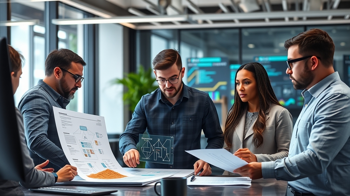 Skupina profesionálov diskutuje o projektoch pri stole s dokumentmi a grafmi.