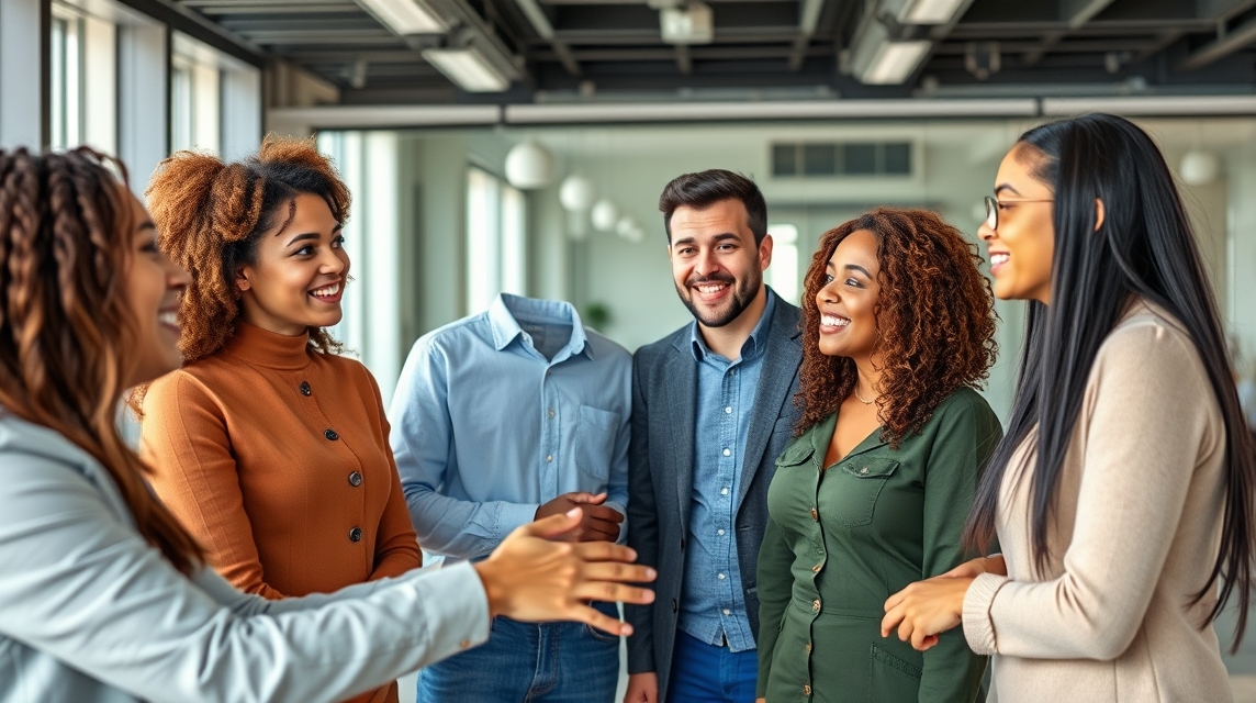 Skupina šiestich mladých profesionálov sa usmieva a diskutuje v modernom kancelárskom prostredí.