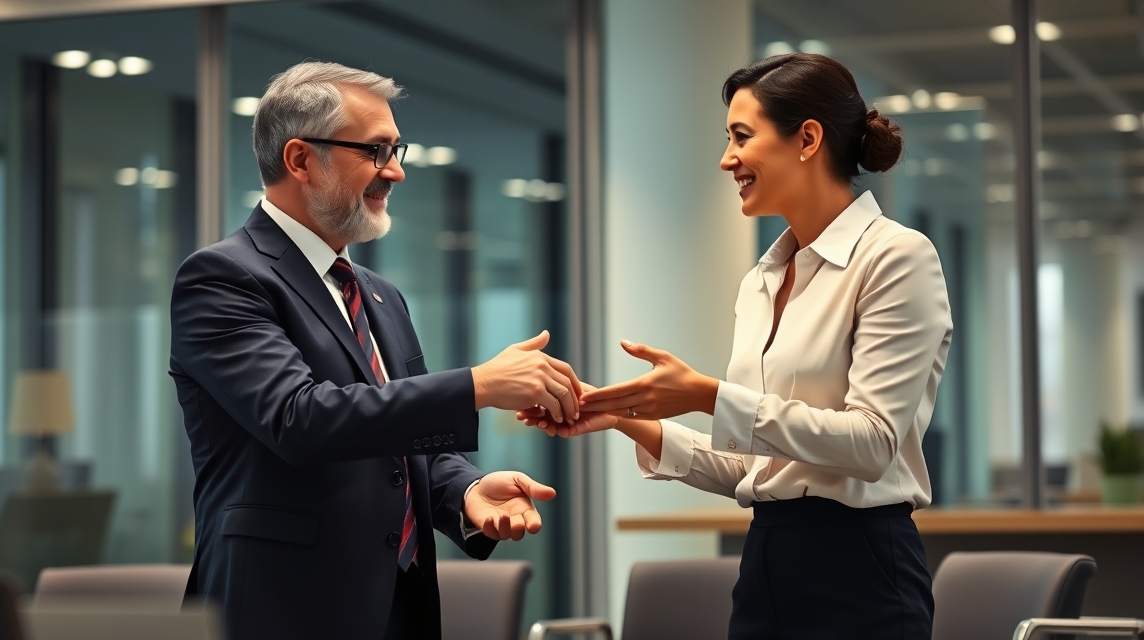 Muži a žena si podávajú ruky v modernom kancelárskom prostredí.