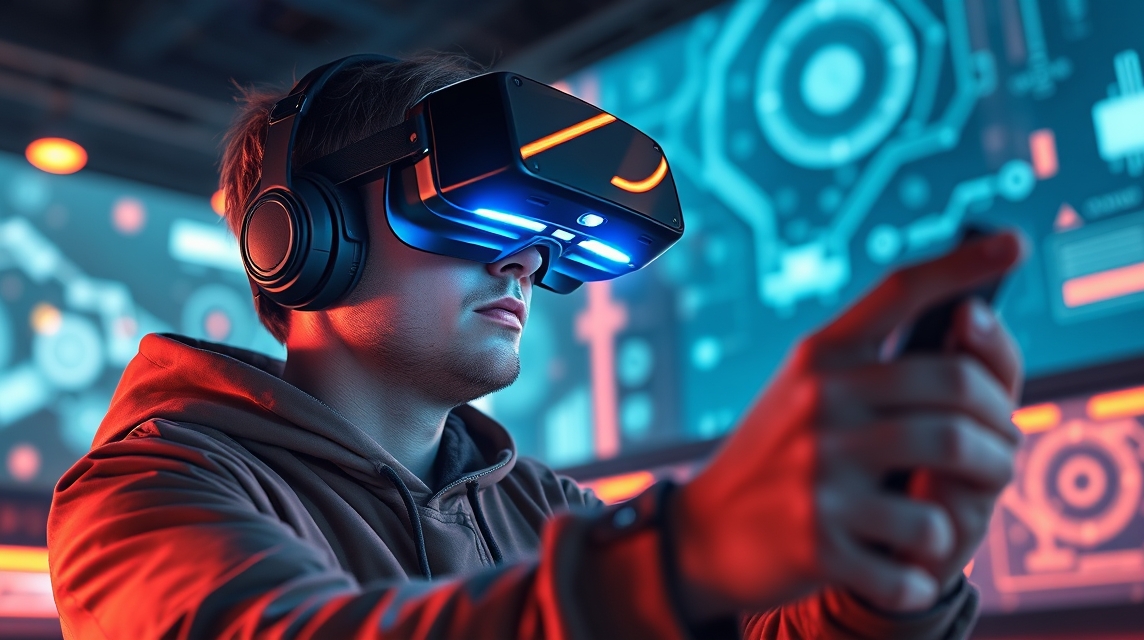 Mladý muž nosí VR headset a ovládač, sústredene sa hrá virtuálnu hru.