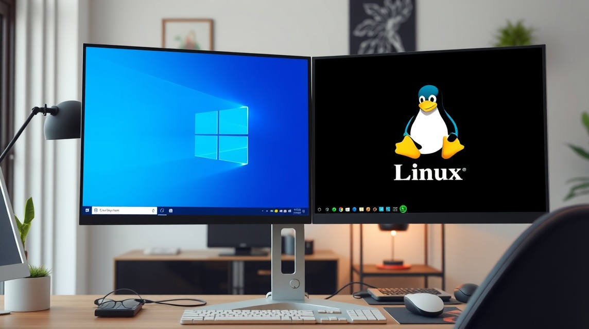 Dva monitory, az egyik Windows, a másik Linux operációs rendszerrel.