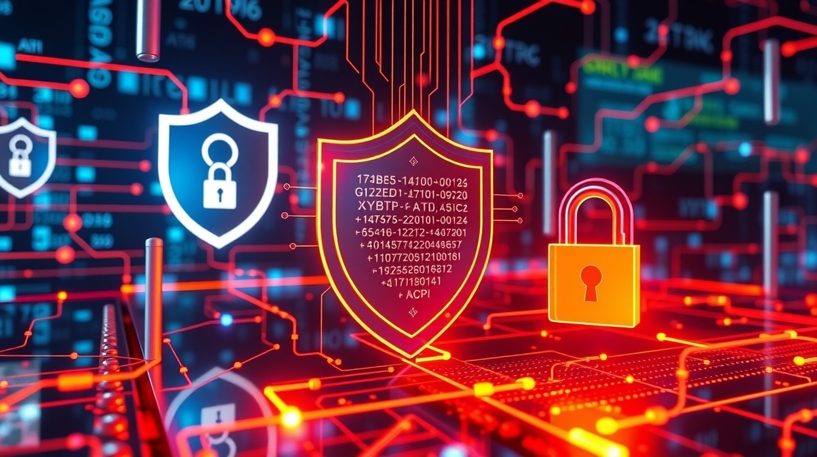 Grafika digitálnych zámkov a štítov na pozadí s červenými obvodmi.