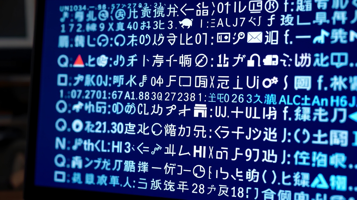 Obrazovka s rôznymi symbolmi a textom v neznámom jazyku.