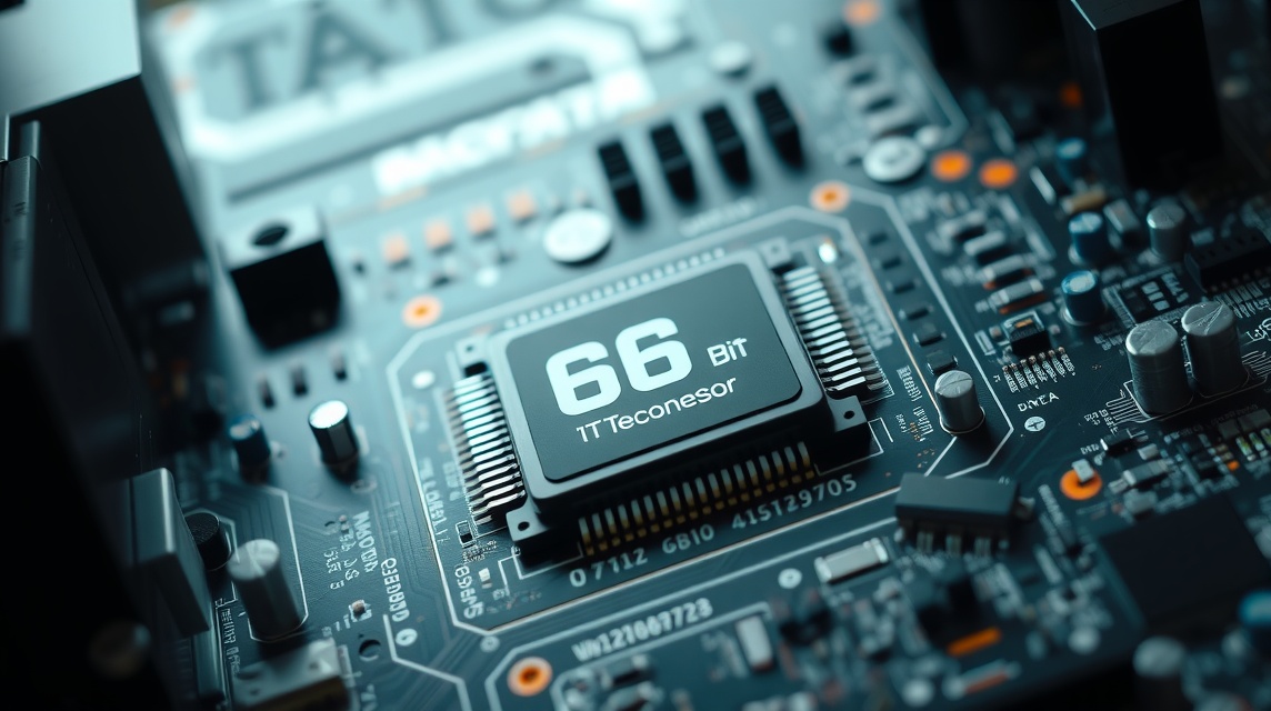 Detailný pohľad na čip s označením 66 Bit na základnej doske počítača.